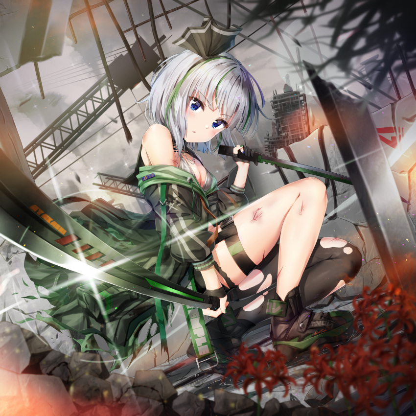 1girl alternate_costume bangs bare_shoulders black_jacket black_legwear black_ribbon black_skirt blue_eyes blush bra breasts clouds cloudy_sky commentary_request dual_wielding eyebrows_visible_through_hair flower glint hair_ribbon head_tilt highres holding holding_sword holding_weapon jacket katana konpaku_youmu kuria_(clear_trip_second) looking_at_viewer multicolored_hair off_shoulder outdoors parted_lips red_flower reverse_grip ribbon short_hair silver_hair skirt sky small_breasts solo streaked_hair sword torn_clothes torn_legwear touhou underwear weapon white_bra