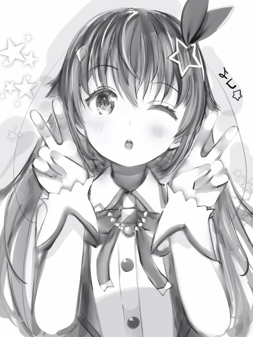 1girl :o blush bow double_v greyscale hair_bow hair_ornament hands_up highres hololive jacket looking_at_viewer monochrome nanashi_(nlo) neck_ribbon one_eye_closed parted_lips ribbon solo star_(symbol) star_hair_ornament tokino_sora upper_body v wristband