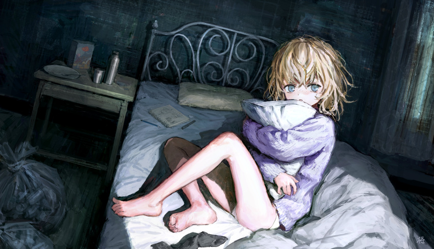 1girl absurdres bangs barefoot blonde_hair blue_eyes comforter curtains dark freckles highres holding holding_pillow looking_afar looking_at_viewer medium_hair messy_hair nightstand no_pants notebook object_hug on_bed open_door open_mouth original panties pen pencil pillow plate sho_(sho_lwlw) signature sitting sitting_on_bed socks_removed solo spoon sweater thermos trash_bag underwear white_panties window wooden_floor