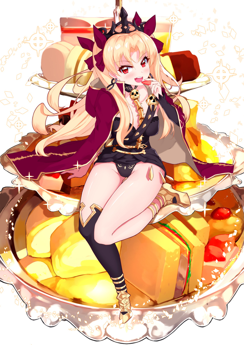 1girl absurdres arm_support asymmetrical_legwear asymmetrical_sleeves bangs between_breasts black_legwear blonde_hair breasts cape cherry collarbone commentary_request detached_collar diadem earrings ereshkigal_(fate/grand_order) fate/grand_order fate_(series) food fruit full_body fur-trimmed_cape fur_trim gold_trim highres holding holding_food hoop_earrings in_food jewelry long_hair multicolored multicolored_cape multicolored_clothes necklace oversized_food oversized_object parted_bangs red_cape red_eyes single_sleeve single_thighhigh sitting skull spine strawberry thigh-highs thighs tiara two_side_up upper_teeth very_long_hair yellow_cape yuruto