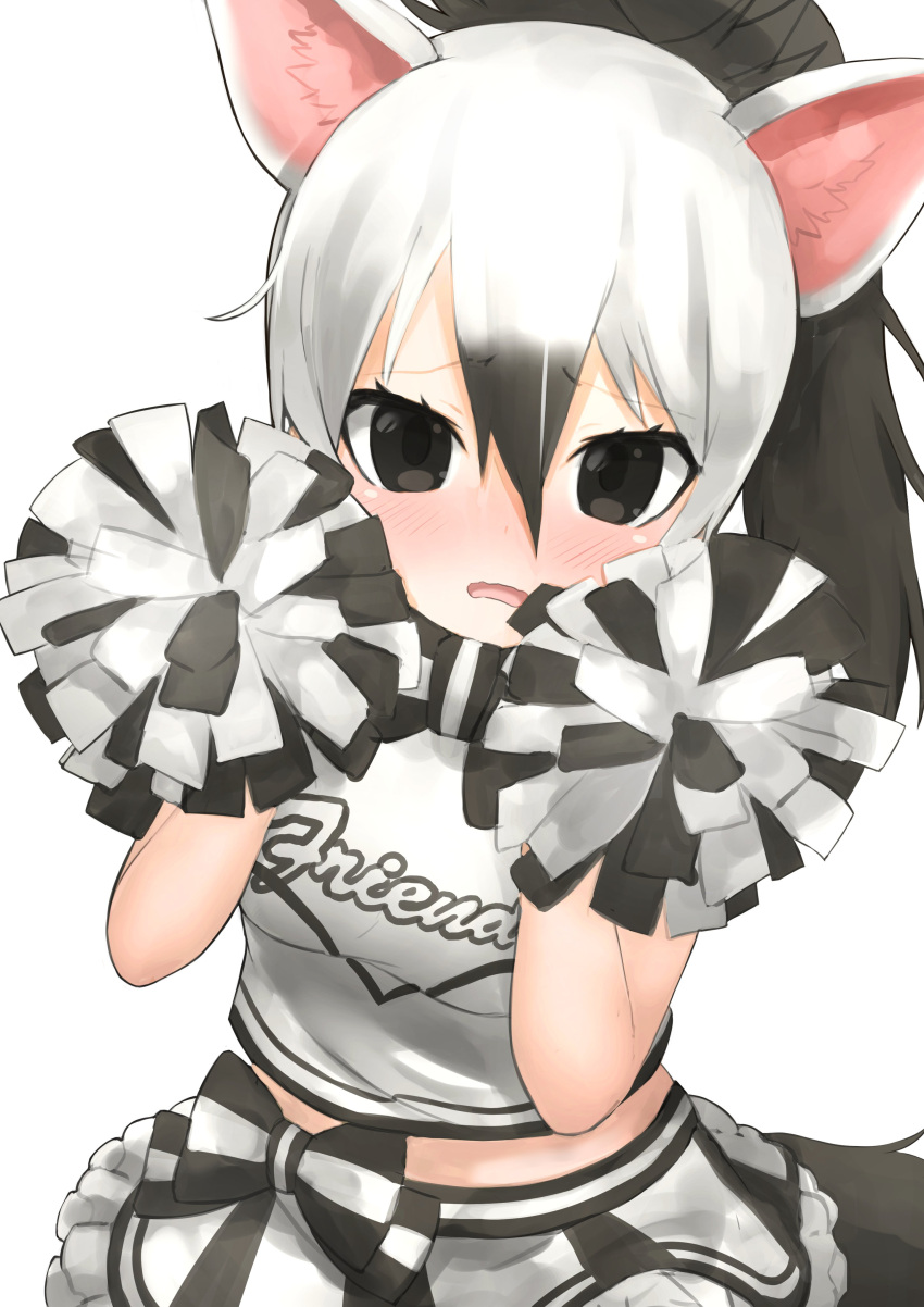 1girl aardwolf_(kemono_friends) aardwolf_ears aardwolf_tail absurdres animal_ears black_eyes black_hair blush bow cheerleader deku_suke embarrassed extra_ears eyebrows_visible_through_hair furrowed_eyebrows grey_hair hair_between_eyes hands_up high_ponytail highres holding kemono_friends long_hair looking_at_viewer multicolored_hair nose_blush open_mouth pom_poms ponytail shirt simple_background skirt solo tail two-tone_hair upper_body white_background