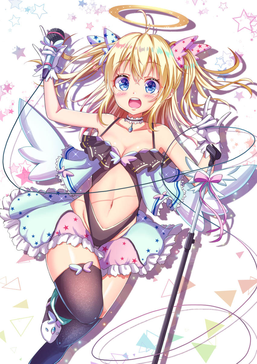 1girl :d abs absurdres angel angel_wings antenna_hair black_legwear breasts commentary_request gloves halo highres idol medium_breasts medium_hair microphone microphone_stand navel open_mouth original smile solo star tenzeru thigh-highs thighs twintails two_side_up white_gloves wings