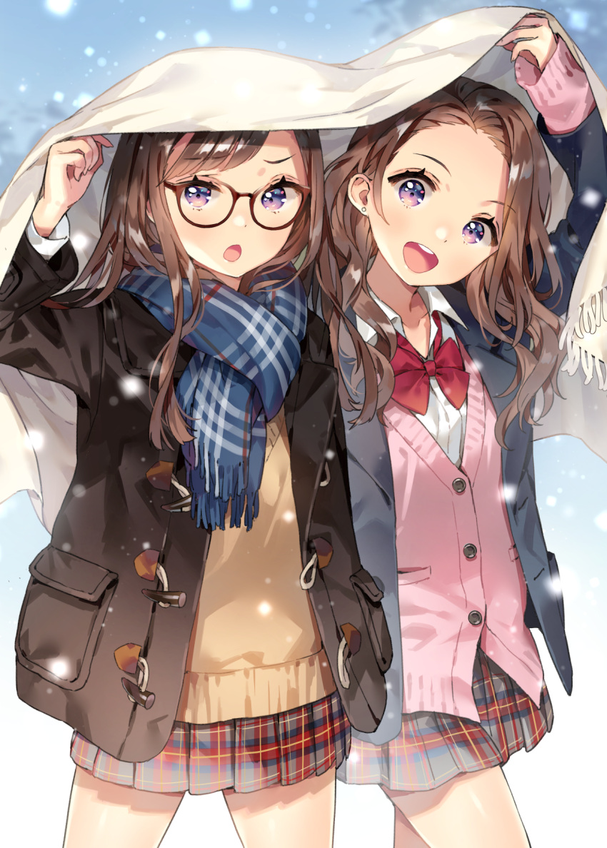 2girls :d ancotaku arm_up bangs black_jacket blue_scarf bow bowtie brown-framed_eyewear brown_hair brown_jacket cardigan collared_shirt commentary_request dress_shirt earrings eyebrows_visible_through_hair forehead fringe_trim glasses grey_skirt head_tilt highres jacket jewelry long_hair long_sleeves looking_at_viewer multiple_girls open_clothes open_jacket open_mouth original parted_bangs pink_cardigan plaid plaid_scarf plaid_skirt pleated_skirt red_neckwear scarf school_uniform shirt siblings sisters skirt sleeves_past_wrists smile stud_earrings sweater_vest swept_bangs twins upper_teeth violet_eyes white_shirt