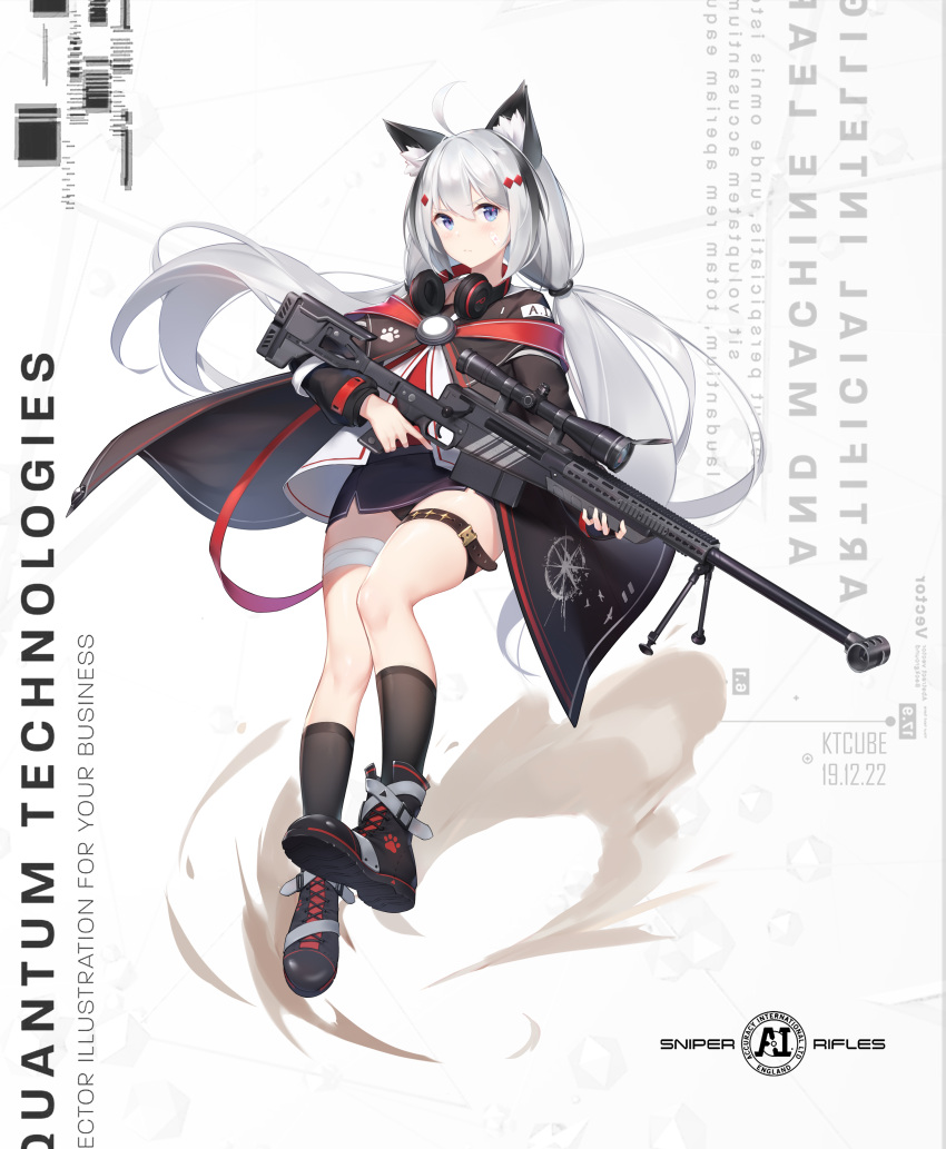 1girl absurdres accuracy_international animal_ear_fluff animal_ears anti-materiel_rifle artist_name bandaged_leg bandages bipod black_coat black_footwear black_legwear black_panties black_skirt blue_eyes boots cat_ears coat commentary_request dated floating_hair full_body gun hair_ornament headphones headphones_around_neck highres holding holding_gun holding_weapon j-cube leg_belt long_hair long_sleeves looking_at_viewer low_twintails military miniskirt multicolored_hair open_clothes open_coat original panties rifle science_fiction shirt silver_hair skirt sniper_rifle socks solo thighs twintails two-tone_hair underwear very_long_hair weapon white_background white_shirt