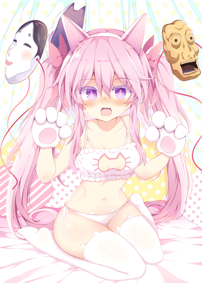 1girl alternate_hairstyle animal_ears bandeau bangs bare_arms bare_shoulders blush bow bra breasts cat_cutout cat_ears cat_lingerie collarbone colored_eyelashes eyebrows_visible_through_hair fake_animal_ears fang gloves hair_between_eyes hair_bow hands_up hata_no_kokoro highres long_hair looking_at_viewer mask maturiuta_sorato meme_attire navel no_shoes nose_blush open_mouth panties paw_gloves paws pink_bow pink_hair side-tie_panties sidelocks sitting skin_fang small_breasts solo stomach tassel thigh-highs thighs touhou twintails underwear very_long_hair violet_eyes wariza white_bra white_gloves white_legwear white_panties