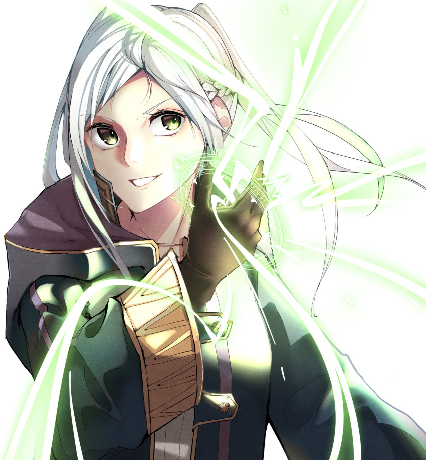 1girl ahoge bangs braid brown_eyes brown_gloves cloak crown_braid fire_emblem fire_emblem_awakening gloves grin highres leather leather_gloves long_sleeves looking_at_viewer magic magic_circle medium_hair parted_bangs parted_lips robin_(fire_emblem) robin_(fire_emblem)_(female) silver_hair simple_background smile solo tpicm twintails upper_body white_background wide_sleeves