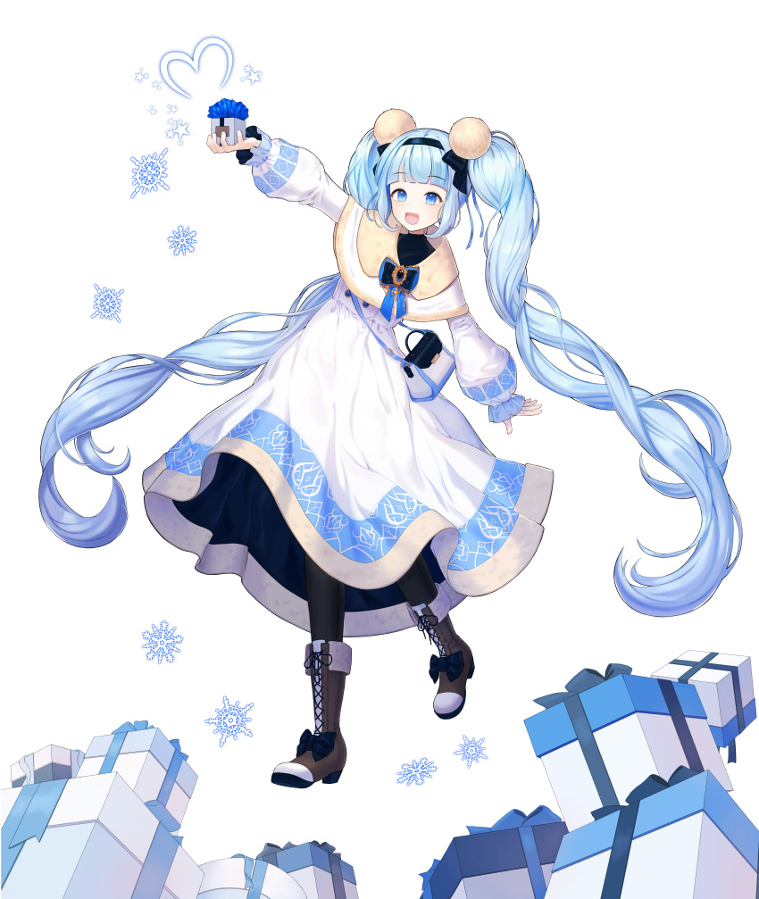 1girl :d absurdres arm_up bag bangs black_bow black_legwear blcackup blue_bow blue_hair blunt_bangs boots bow brown_footwear christmas dress full_body gift hair_bow handbag hatsune_miku highres huge_filesize jpeg_artifacts long_hair long_sleeves looking_at_viewer open_mouth simple_background smile snowflakes solo standing twintails vocaloid white_background white_dress