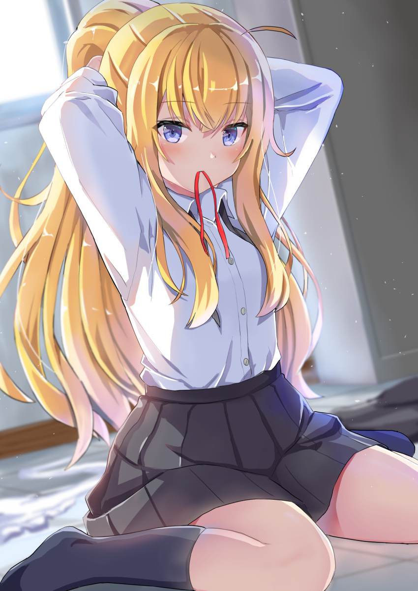 1girl absurdres black_legwear black_skirt blonde_hair blue_eyes blush day gabriel_dropout highres indoors long_hair looking_at_viewer mouth_hold pleated_skirt ponytail red_ribbon ribbon seiza shirt sitting sitting_on_floor skirt solo tenma-gav tenma_gabriel_white very_long_hair white_shirt