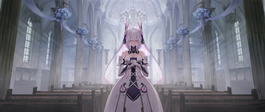 1girl armor bangs bare_shoulders blush breasts church detached_collar dress elbow_gloves facing_viewer gloves hair_between_eyes hands_together headgear high_collar highres indoors j_junz liv_(punishing:_gray_raven) medium_breasts punishing:_gray_raven sidelocks silver_hair solo standing veil white_dress