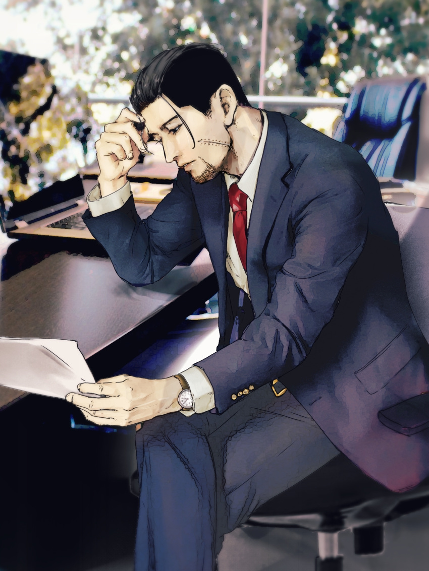 1boy beard black_hair blurry blurry_background chair computer contemporary day facial_hair formal golden_kamuy highres indoors karin_nishipa laptop long_sleeves male_focus necktie ogata_hyakunosuke paper photo_background red_neckwear scar sitting solo suit table watch watch window