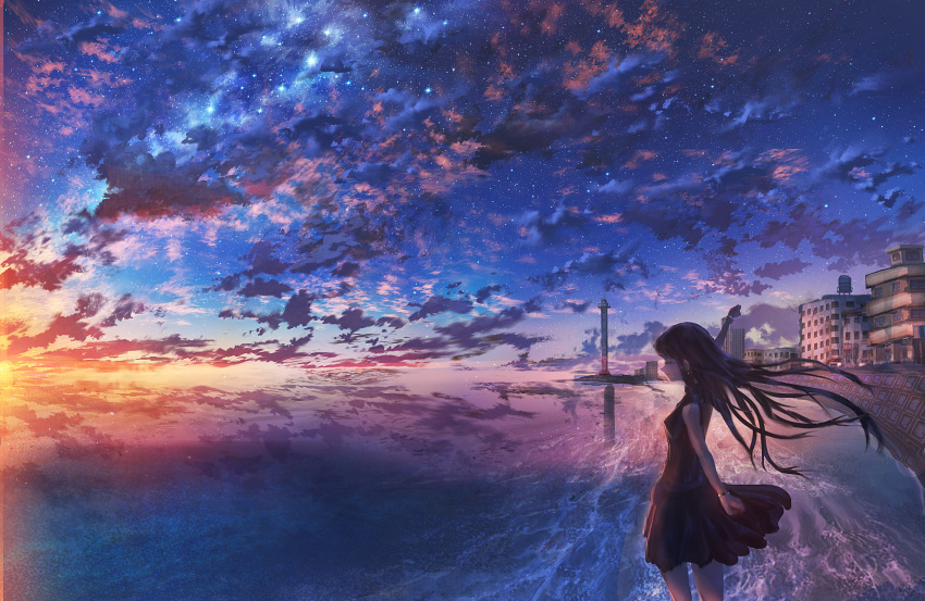 1girl beach black_dress black_hair bracelet city closed_eyes clouds colorful dark dress earrings highres horizon jewelry kenzo_093 lighthouse long_hair night night_sky ocean original outdoors outstretched_arms profile reflection scenery sky sleeveless sleeveless_dress smile solo star_(sky) sunset water wind