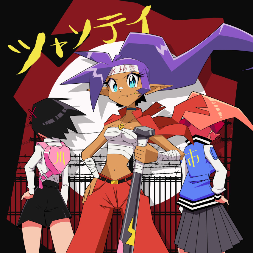 3girls :&lt; absurdres back-to-back banchou bandaid bandaid_on_nose black_choker black_hair blue_eyes breasts cape choker commentary company_connection crossover dark_skin delinquent english_commentary eyelashes gyaru hachimaki hair_ornament headband highres holding_baseball_bat jacket jewelry kunio-kun_series kyoko_(kunio-kun) letterman_jacket long_hair misako_(kunio-kun) mouth_hold multiple_girls navel pants pendant pink_backpack pink_hair pleated_skirt pointy_ears ponytail potterzilla purple_hair red_cape river_city_girls sarashi shantae_(character) shantae_(series) shorts skirt small_breasts straw_(stalk) wayforward wind x_hair_ornament