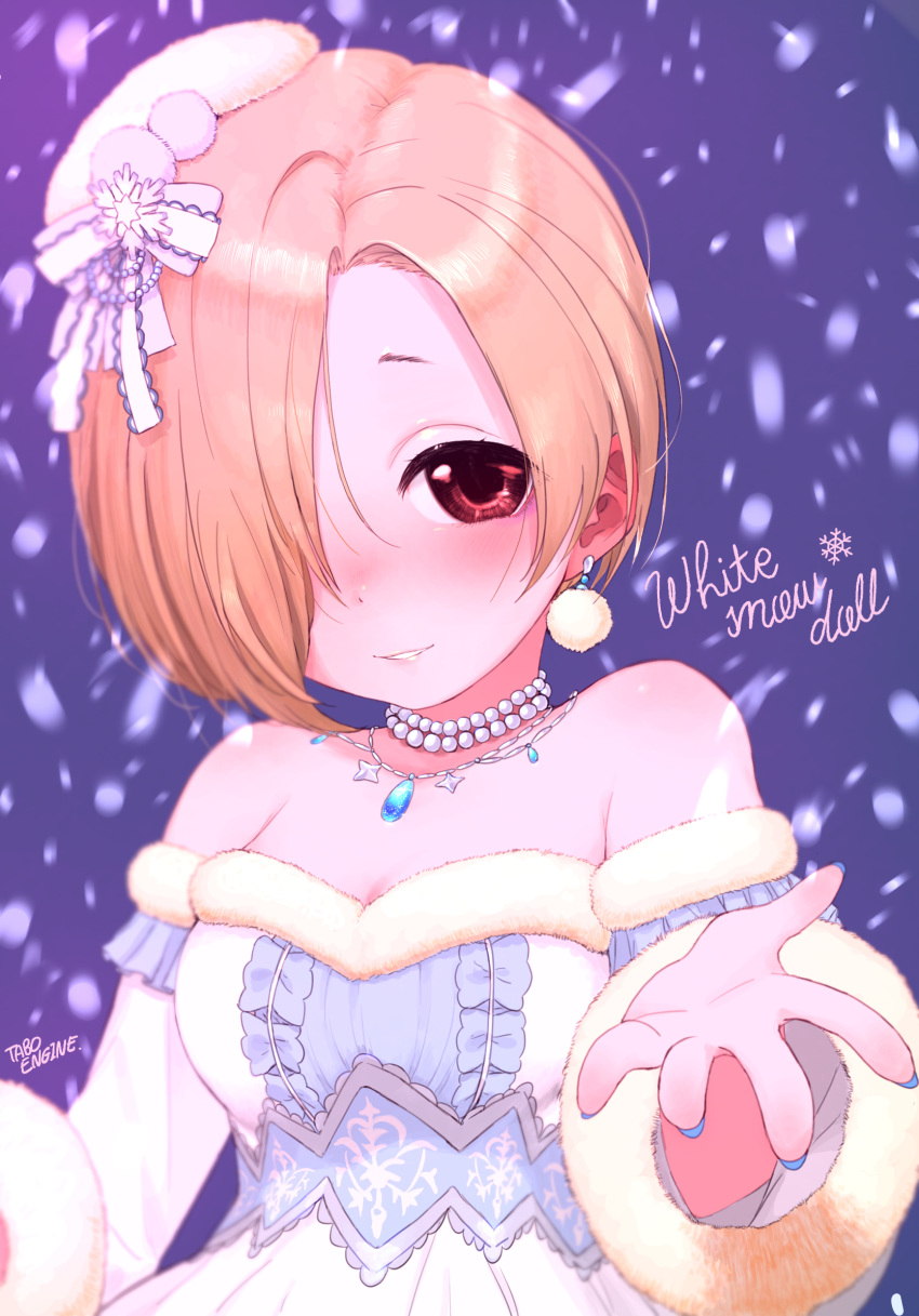 1girl bare_shoulders blonde_hair blush bow brown_eyes detached_sleeves dress earrings frills fur-trimmed_dress fur-trimmed_sleeves fur_trim hair_bow hair_ornament hair_over_one_eye highres idolmaster idolmaster_cinderella_girls idolmaster_cinderella_girls_starlight_stage jewelry long_sleeves looking_at_viewer nail_polish necklace outstretched_arm parted_lips pearl_necklace shirasaka_koume short_hair signature smile snow snowflake_hair_ornament snowflake_print solo turbo_engine_(rakugaki_tabo) upper_body wide_sleeves