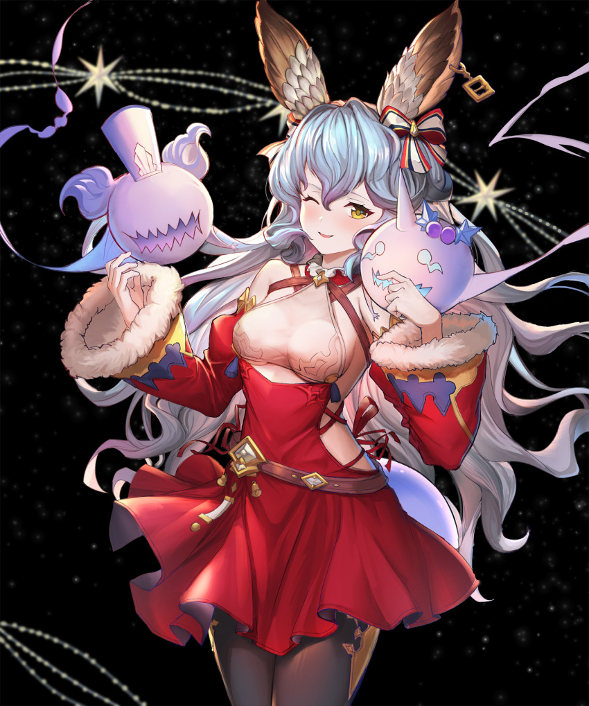 1girl ;d animal_ears bare_shoulders black_background black_legwear blue_hair blush bow christmas curly_hair detached_sleeves dress erune ferry_(granblue_fantasy) fur-trimmed_sleeves fur_trim ghost granblue_fantasy hair_between_eyes hair_bow highres jewelry long_hair long_sleeves ohihil one_eye_closed open_mouth red_dress sideless_outfit single_earring smile solo star starry_background underboob_cutout very_long_hair wide_sleeves yellow_eyes