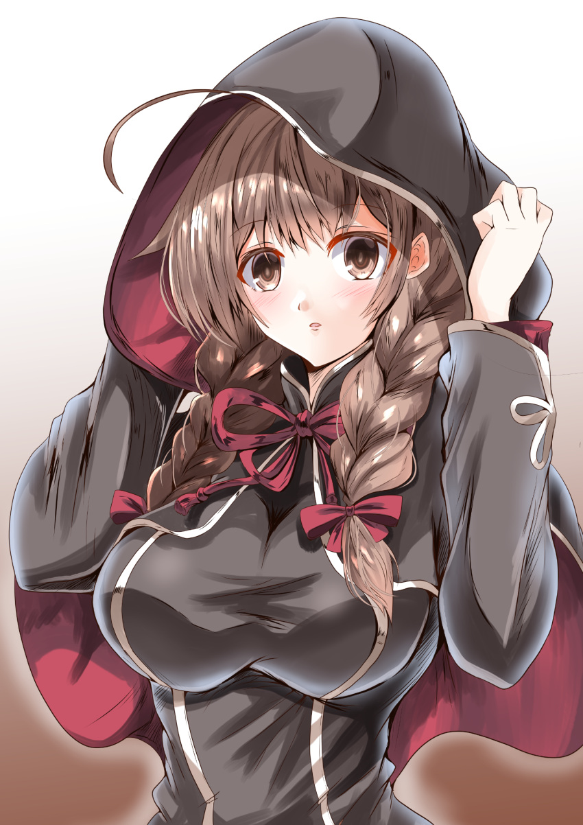 1girl ahoge black_capelet braid brown_background brown_eyes brown_hair capelet commentary_request gradient gradient_background highres hood hooded_capelet kantai_collection kentan_(kingtaiki) long_hair looking_at_viewer shinshuu_maru_(kantai_collection) solo twin_braids upper_body