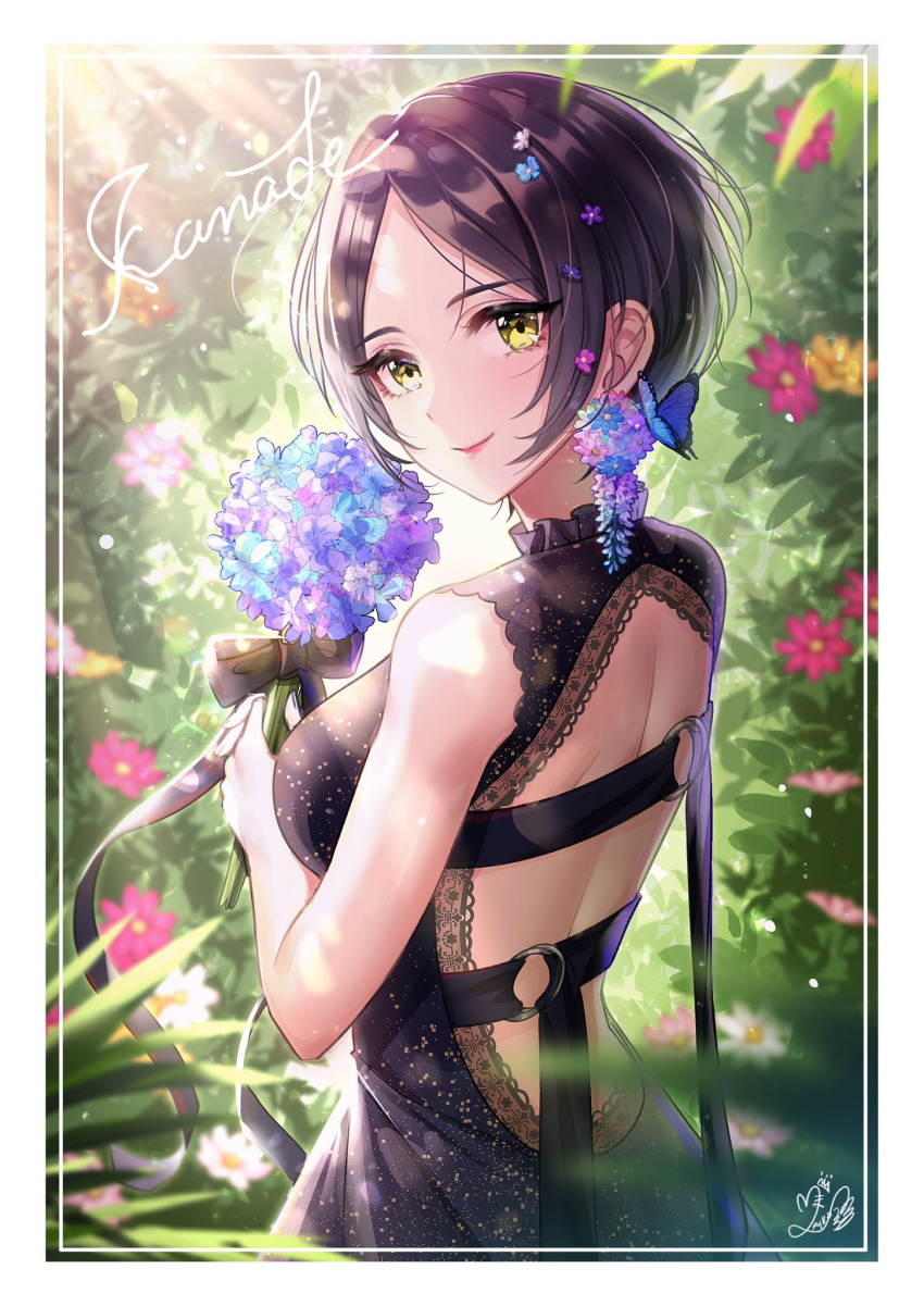 1girl backless_outfit belt bouquet brown_hair bug butterfly character_name earrings eyebrows_visible_through_hair flower flower_earrings hair_flower hair_ornament hayami_kanade highres idolmaster idolmaster_cinderella_girls ilo insect jewelry lips looking_at_viewer looking_back short_hair signature smile solo sunlight yellow_eyes
