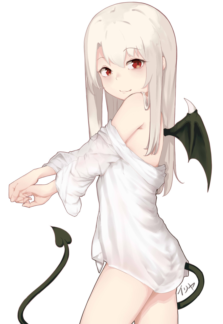 1girl absurdres bangs bare_shoulders black_wings closed_mouth demon_girl demon_tail demon_wings eyebrows_visible_through_hair fate/kaleid_liner_prisma_illya fate_(series) grey_hair hair_between_eyes highres illyasviel_von_einzbern long_hair long_sleeves looking_at_viewer looking_to_the_side no_pants off_shoulder pear_sauce red_eyes see-through shirt simple_background smile solo tail white_background white_shirt wings