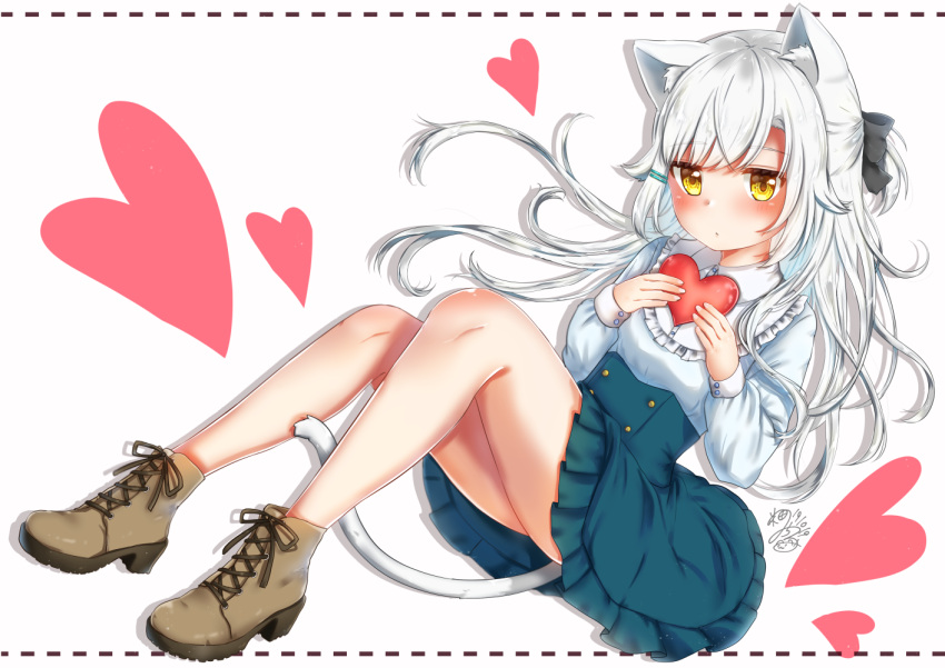 1girl animal_ears black_bow blush bow brown_footwear cat_ears cat_tail dated full_body hair_bow hair_ornament hairclip heart holding_heart knees_up long_hair long_sleeves looking_at_viewer michiru_donut original shoes simple_background sitting skirt solo tail white_background white_hair yellow_eyes