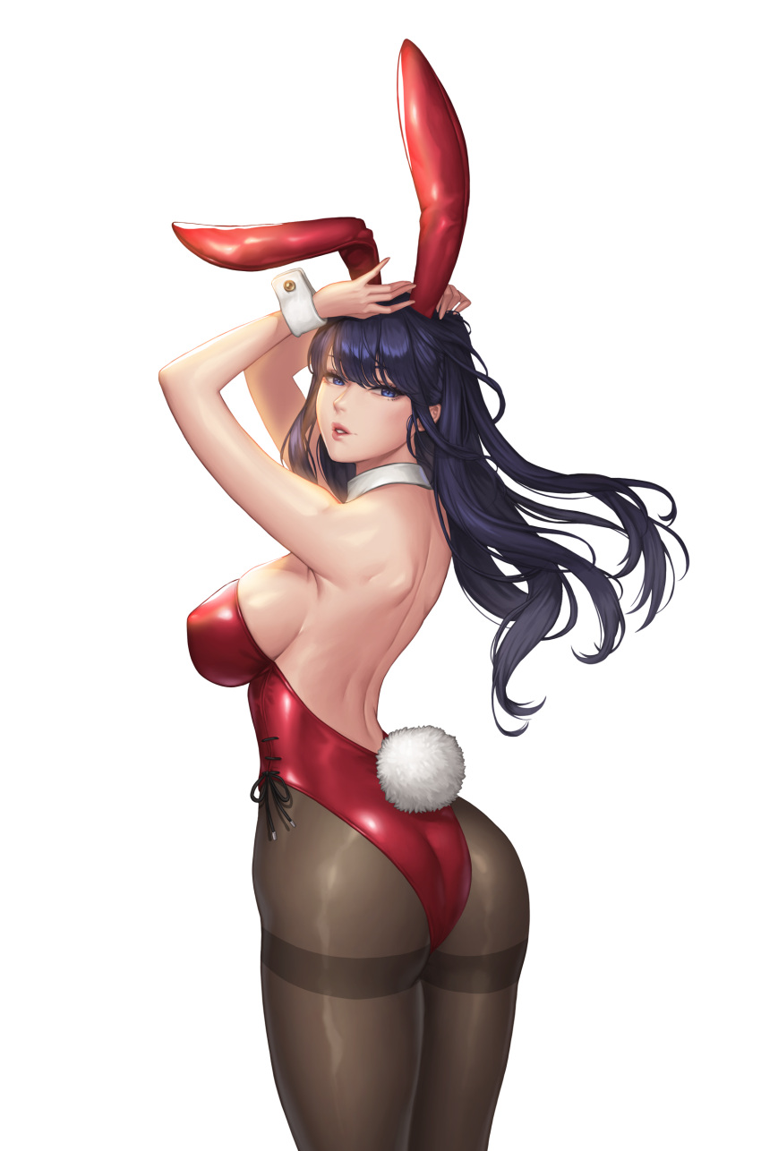 1girl absurdres animal_ears ass black_hair breasts bunny_girl bunny_tail bunnysuit cowboy_shot detached_collar from_behind highres karmiel large_breasts leotard looking_at_viewer looking_back original pantyhose rabbit_ears red_leotard shoulder_blades sideboob simple_background solo standing strapless strapless_leotard tail thighband_pantyhose white_background wrist_cuffs