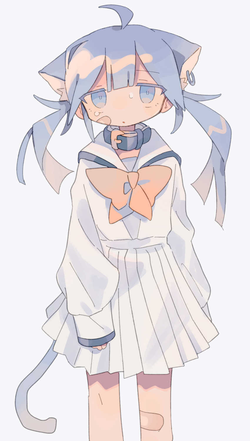 1girl ahoge animal_ear_fluff animal_ears bandaid bandaid_on_face bangs blue_eyes bow cat_ears cat_girl cat_tail collar daizu_(melon-lemon) ear_piercing extra_ears gradient_eyes grey_background highres lavender_hair long_hair long_sleeves looking_at_viewer low_twintails multicolored multicolored_eyes muted_color no_nose original parted_lips piercing pleated_skirt puffy_sleeves sailor_collar school_uniform serafuku simple_background skirt sleeves_past_wrists solo sweat tail twintails white_sailor_collar white_skirt yellow_bow yellow_neckwear