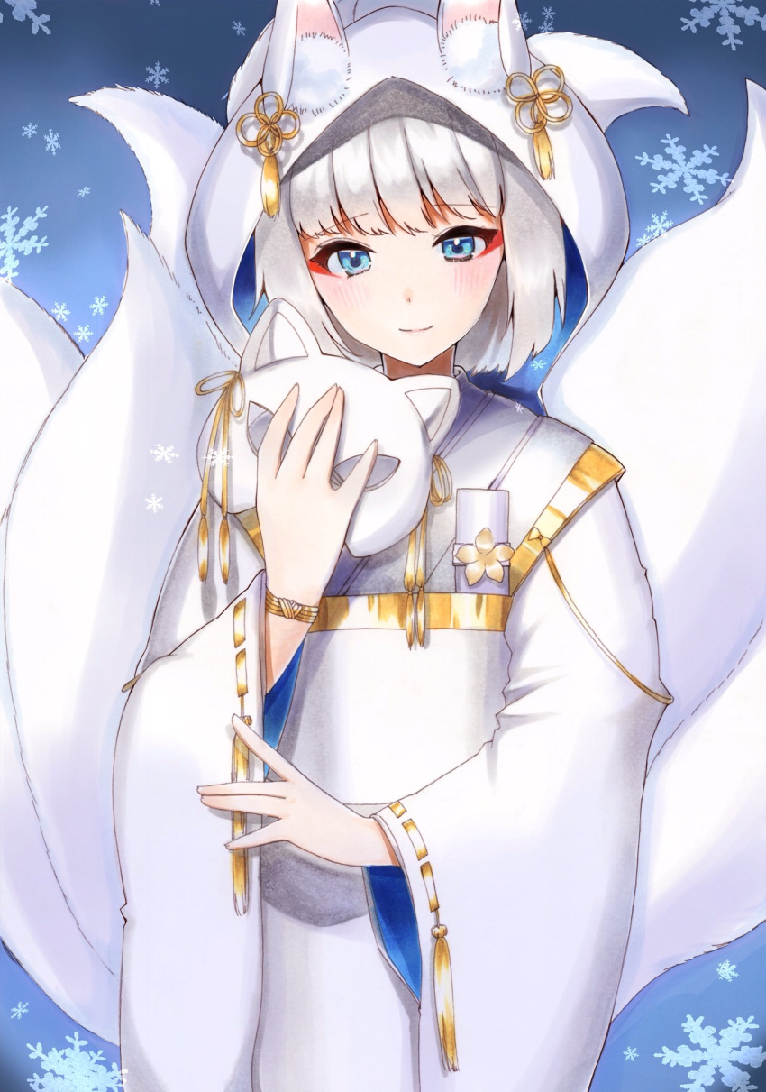 1girl animal_ears azur_lane blue_background blue_eyes blush commentary_request fox_ears fox_girl fox_mask fox_tail highres holding holding_mask japanese_clothes kaga_(azur_lane) kimono kitsune looking_at_viewer mask medium_hair mell01218 multiple_tails silver_hair smile snowflakes solo tail white_kimono wide_sleeves