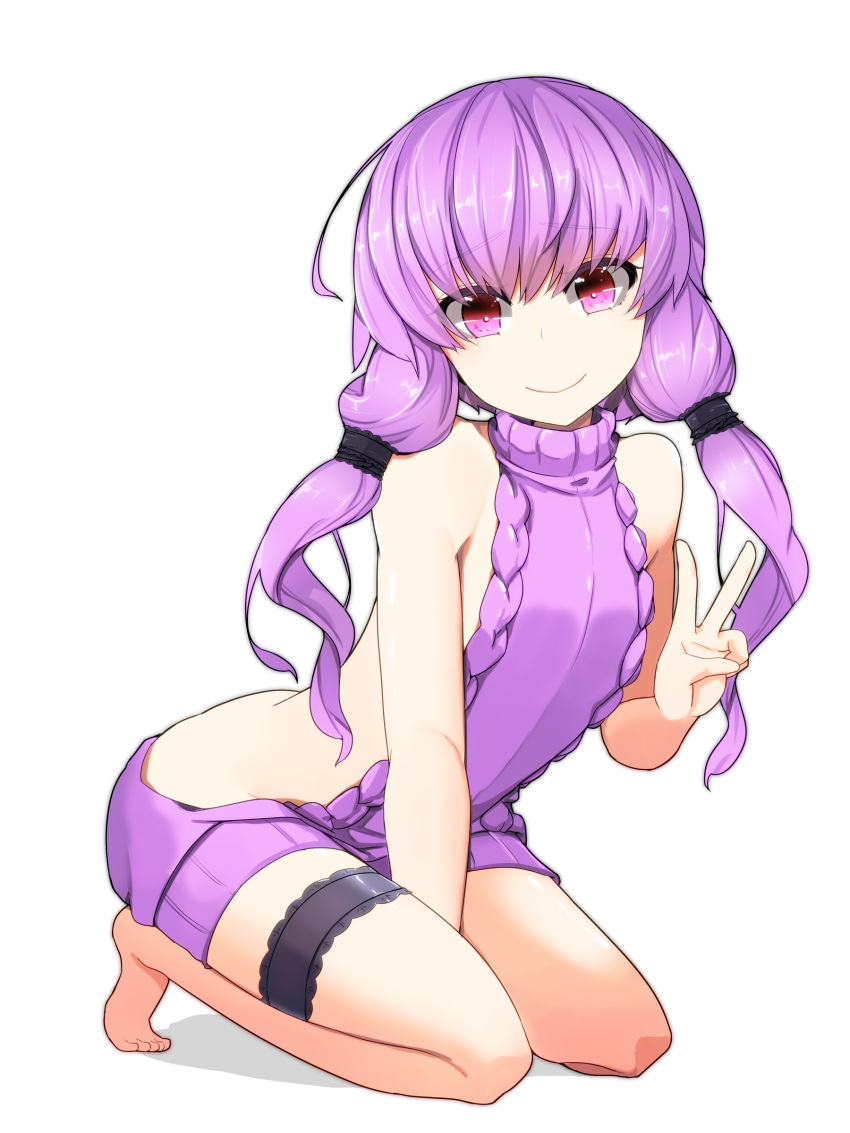 1girl absurdres bare_shoulders barefoot blush commentary_request flat_chest hair_ornament highres long_hair looking_at_viewer meme_attire pink_eyes pon_(shind_997) purple_hair simple_background smile solo thigh_strap v violet_eyes virgin_killer_sweater voiceroid white_background yuzuki_yukari