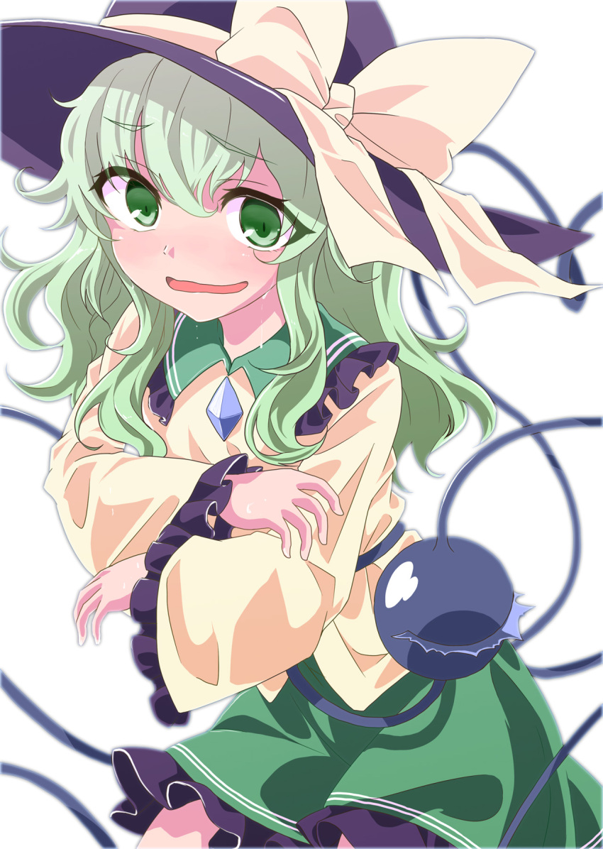 1girl bangs bow breasts collared_shirt eyebrows_visible_through_hair eyes_visible_through_hair frilled_shirt_collar frilled_skirt frilled_sleeves frills furrowed_eyebrows green_eyes green_hair green_skirt hair_between_eyes hat hat_bow heart heart_of_string highres komeiji_koishi long_hair long_sleeves looking_at_viewer miniskirt mr.milk_caramel open_mouth purple_headwear shirt simple_background skirt small_breasts solo sweat third_eye touhou wavy_hair white_background yellow_bow yellow_shirt