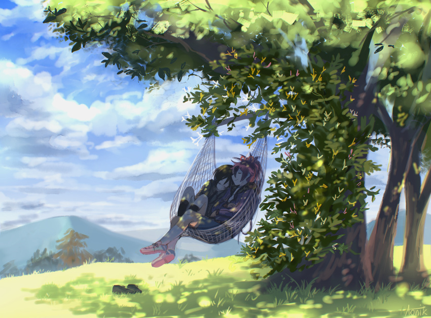 2boys aonik bangs black_footwear black_hair black_legwear bug butterfly closed_eyes clouds cloudy_sky dappled_sunlight fudou_yukimitsu grass hair_ornament hammock highres hill insect jacket multiple_boys pink_footwear ponytail purple_hair sidelocks sky sleeping sleeping_on_person sunlight touken_ranbu tree tree_shade white_legwear yagen_toushirou