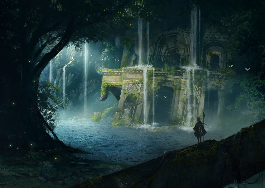 1girl absurdres animal bird black_jacket black_legwear commentary_request facing_away glowing halberd highres holding holding_weapon huge_filesize jacket kazuki_seto original overgrown pantyhose polearm ruins scenery solo standing sunlight tree water waterfall weapon wide_shot