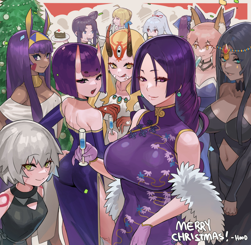 6+girls absurdres ahoge alternate_costume animal_ears artoria_pendragon_(all) ass black_dress breasts cake china_dress chinese_clothes christmas christmas_cake christmas_ornaments christmas_tree dark_skin dress fate/grand_order fate_(series) food fox_ears highres hood_(james_x) ibaraki_douji_(fate/grand_order) jack_the_ripper_(fate/apocrypha) jeanne_d'arc_(alter)_(fate) jeanne_d'arc_(fate)_(all) large_breasts multiple_girls navy_blue_dress nitocris_(fate/grand_order) oni oni_horns purple_dress scheherazade_(fate/grand_order) shuten_douji_(fate/grand_order) tamamo_(fate)_(all) tamamo_no_mae_(fate) ushiwakamaru_(fate/grand_order)