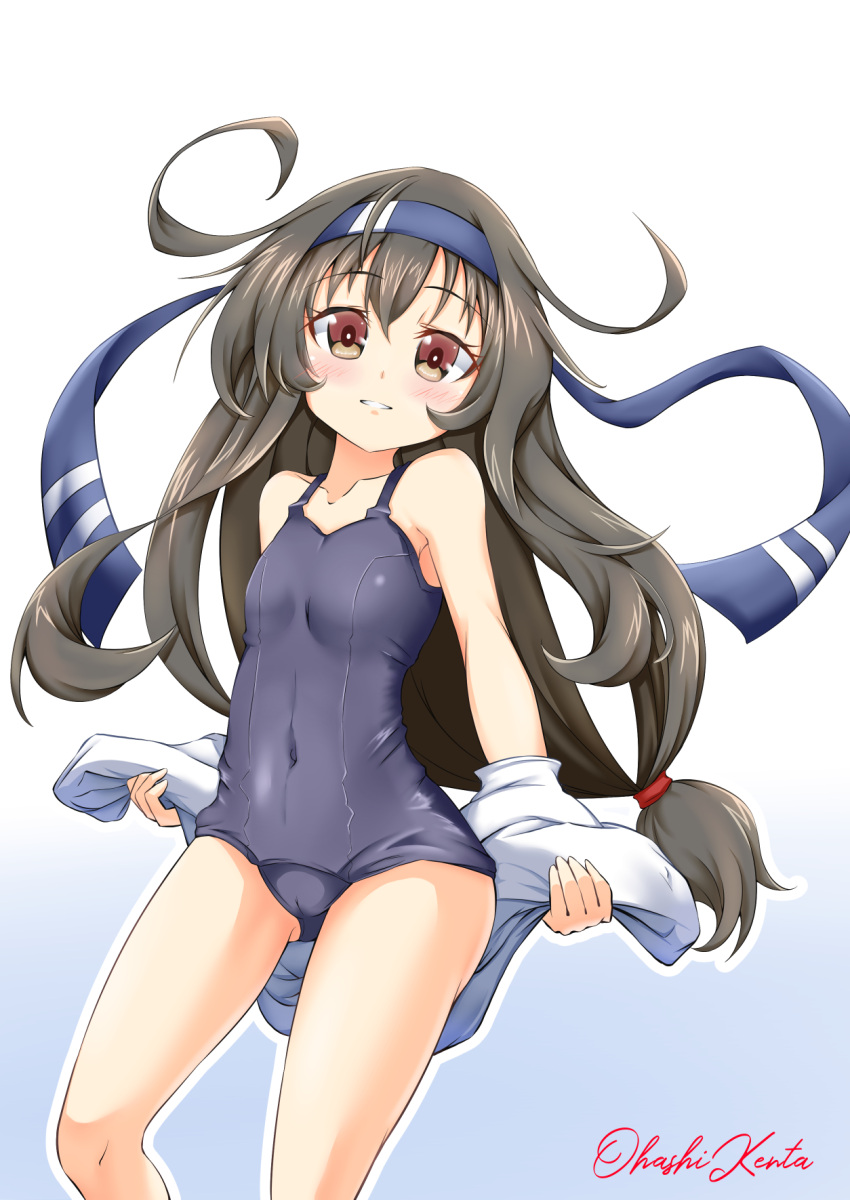black_hair blue_background blue_swimsuit blush breasts collarbone covered_navel eyebrows_visible_through_hair gradient gradient_background hair_between_eyes hatsushimo_(kantai_collection) headband highres jacket kantai_collection long_hair long_sleeves looking_at_viewer low-tied_long_hair old_school_swimsuit one-piece_swimsuit oohasikennta2002 red_eyes remodel_(kantai_collection) school_swimsuit small_breasts smile standing swimsuit swimsuit_under_clothes twitter_username undressing white_background white_jacket