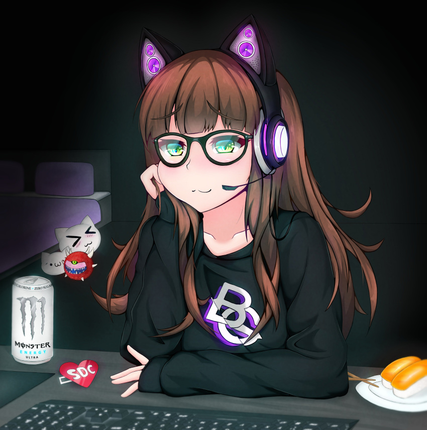 &gt;3&lt; 1girl absurdres axent_wear bangs bedroom black-framed_eyewear blueawoo brown_hair cacodemon cat cat_ear_headphones chestnut_mouth chin_rest commentary dakota_(dkooters) doom_(game) english_commentary fictional_persona food glasses glowing green_eyes headphones headset highres long_hair monster_energy screen_light solo sushi sweater youtube