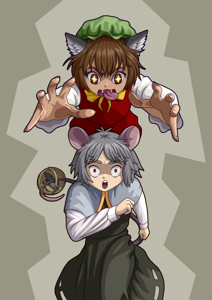 /to/ 2girls animal_ears basket brown_eyes brown_hair capelet cat_ears chen fangs grey_hair hat highres mouse mouse_ears multiple_girls nazrin open_mouth original red_eyes running scared short_hair sweat tail tongue touhou
