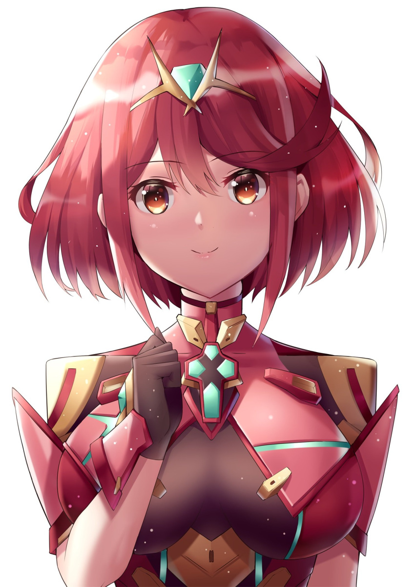 1girl armor breasts eol_9 gem hair_ornament headpiece highres jewelry large_breasts pyra_(xenoblade) red_eyes redhead short_hair shoulder_armor smile solo xenoblade_(series) xenoblade_2