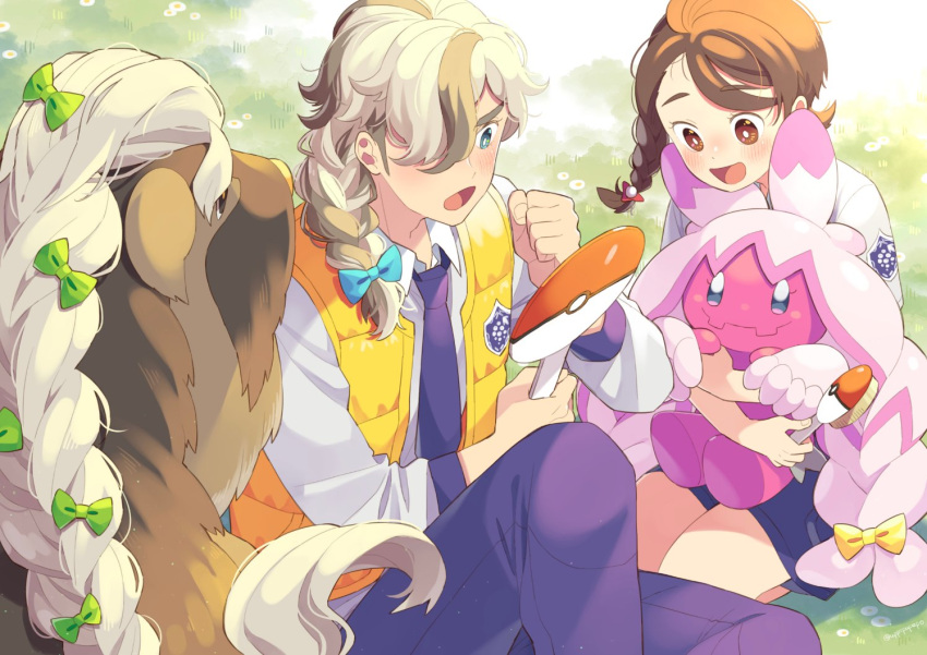 1boy 1girl :d :o alternate_hairstyle arven_(pokemon) bangs blue_bow blue_eyes blue_shorts blush bow braid bright_pupils brown_eyes brown_hair collared_shirt commentary_request day dog emblem grass green_bow grey_hair hair_bow hair_over_one_eye hair_over_shoulder hand_mirror hands_up holding juliana_(pokemon) knee_up long_sleeves looking_down medium_hair mirror multicolored_hair necktie on_grass one_eye_covered open_clothes open_mouth open_vest outdoors pants parted_bangs poke_ball_print pokemon pokemon_(creature) pokemon_(game) pokemon_sv purple_necktie purple_pants seiza shirt shorts side_braid sidelocks sitting smile streaked_hair tinkaton uppi uva_academy_uniform vest white_pupils white_shirt wing_collar yellow_bow yellow_vest