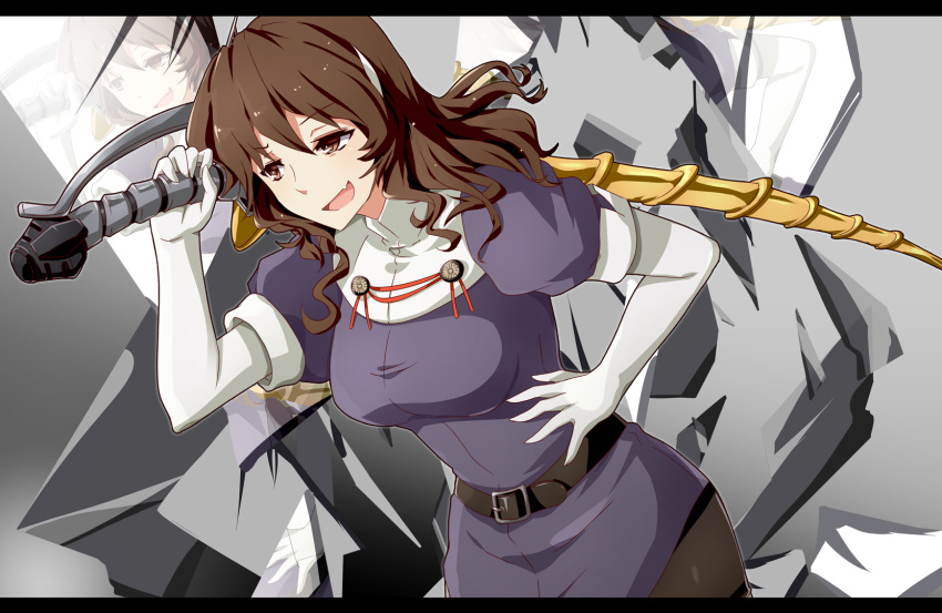 1girl ashigara_(kantai_collection) black_skirt brown_eyes brown_hair commentary_request cowboy_shot elbow_gloves fang gloves gudon_(iukhzl) hairband hand_on_hip highres horned_headwear kamen_rider kamen_rider_ryuki_(series) kantai_collection long_hair military military_uniform open_mouth skin_fang skirt solo sword uniform wavy_hair weapon weapon_request white_gloves