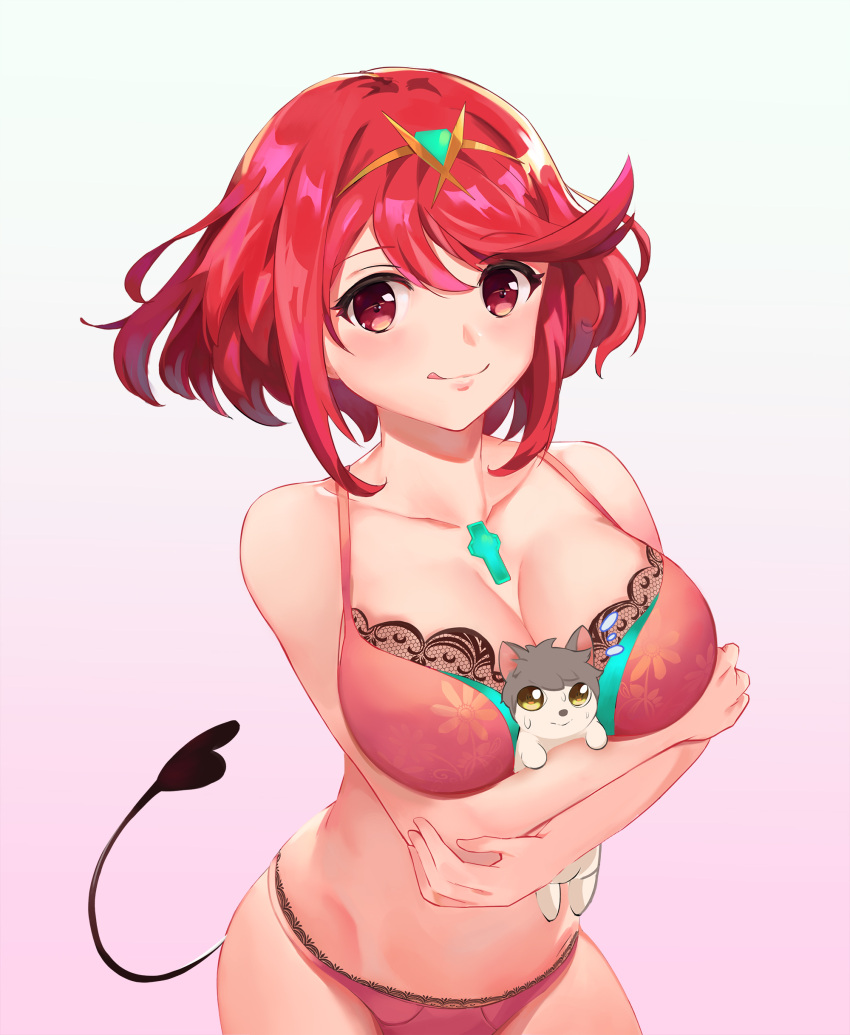 1girl :q absurdres animal bra breasts closed_mouth collarbone demon_tail dog eyebrows_visible_through_hair highres holding holding_animal pyra_(xenoblade) kiiro_kimi large_breasts looking_at_viewer panties red_bra red_eyes red_panties redhead short_hair smile solo tail tongue tongue_out underwear underwear_only xenoblade_(series) xenoblade_2