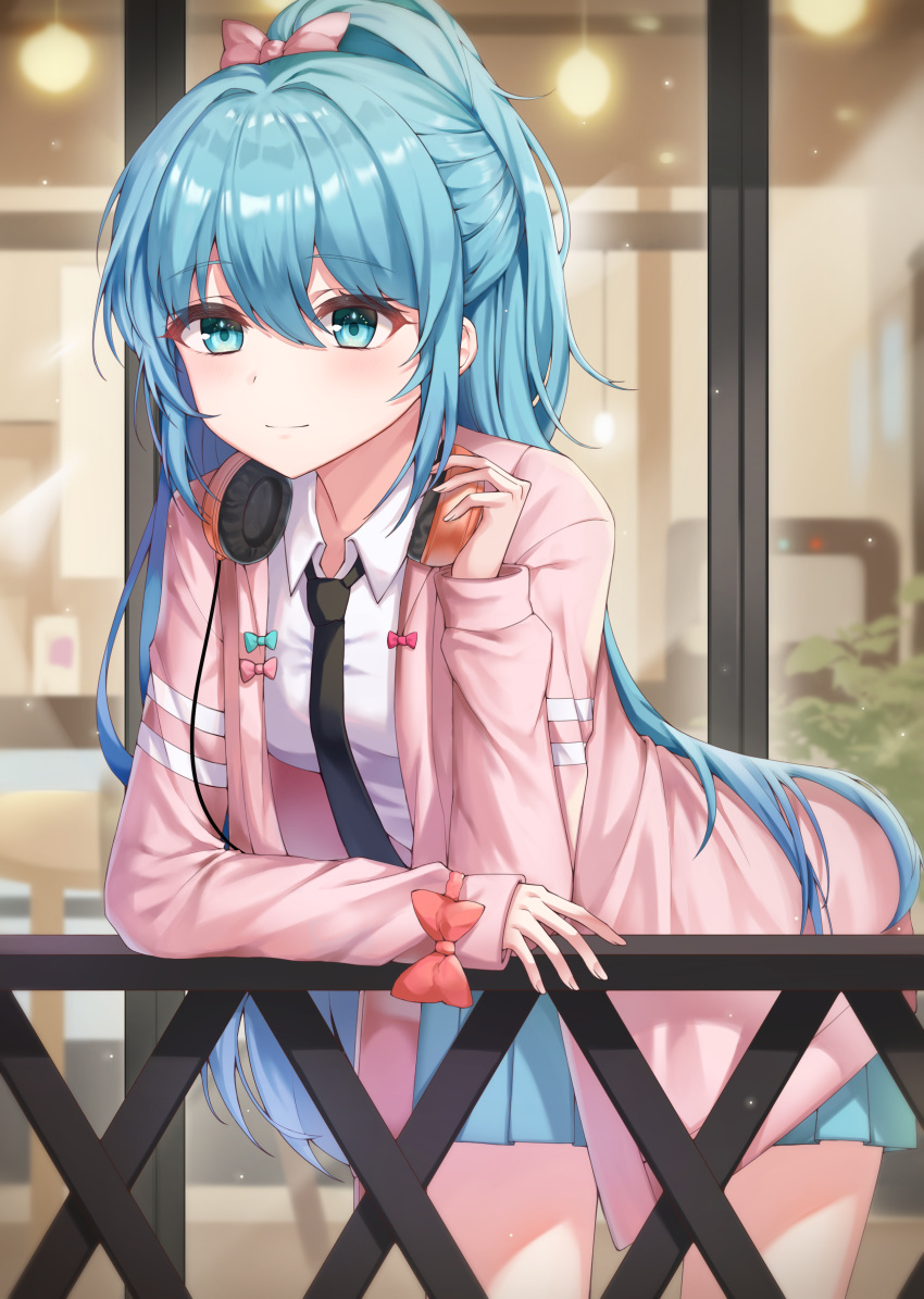 1girl absurdres aqua_eyes aqua_hair aqua_skirt black_neckwear blurry blurry_background bow bowtie cable commentary cowboy_shot elbow_rest hair_bow handrail hatsune_miku headphones headphones_around_neck highres holding_headphones jacket leaning_forward light_blush light_smile long_hair miniskirt necktie pink_bow pink_jacket pleated_skirt ponytail project_diva_(series) railing ribbon_girl_(module) shirt skirt solo symbol_commentary very_long_hair vocaloid white_shirt window yeorem