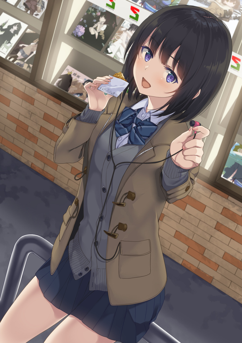 1girl :d black_hair blue_skirt bow bowtie brown_coat buttons cardigan coat collared_shirt commentary_request cowboy_shot duffel_coat earphones grey_cardigan highres holding long_sleeves looking_at_viewer miniskirt open_clothes open_coat open_mouth original photo_(object) pleated_skirt school_uniform shirt short_hair skirt smile solo unasaka_ryou undershirt violet_eyes white_shirt