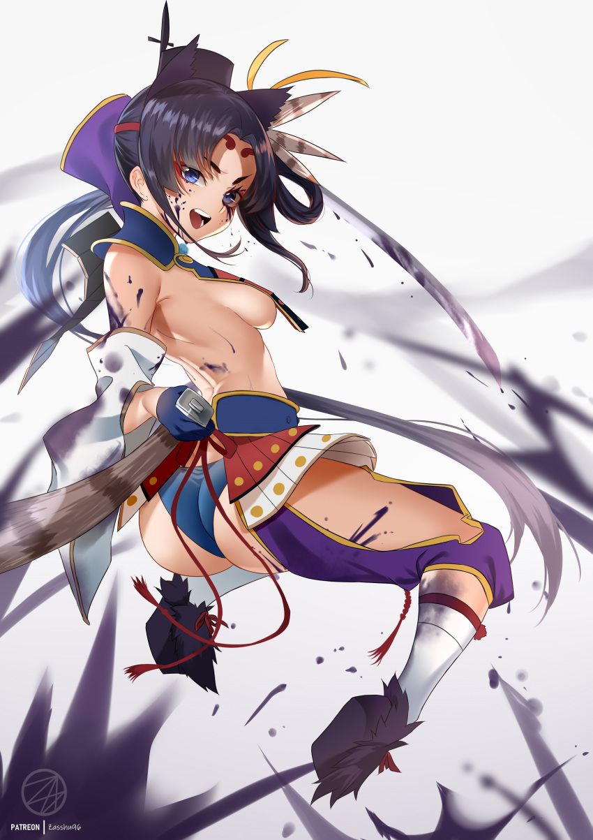 1girl absurdres armor ass bangs black_hair blue_gloves blue_panties breasts detached_sleeves fate/grand_order fate_(series) feathers gloves hair_feathers highres holding holding_sheath holding_sword holding_weapon japanese_armor katana kusazuri looking_back mismatched_sleeves panties parted_bangs scabbard sheath side_ponytail sideboob small_breasts solo sword underwear unsheathed ushiwakamaru_(fate/grand_order) weapon zasshu