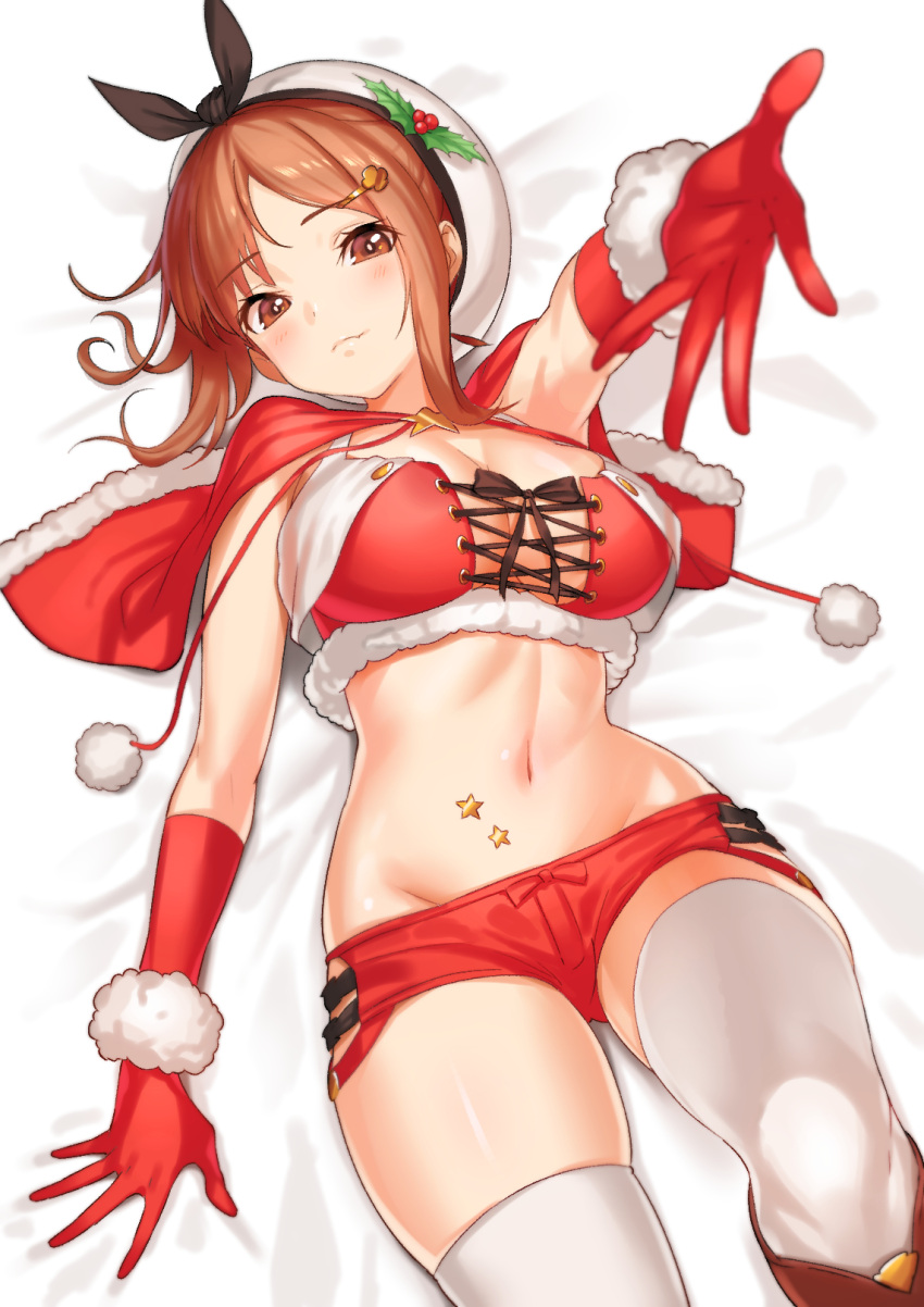 1girl atelier_(series) atelier_ryza bed_sheet breasts brown_eyes brown_hair capelet christmas closed_mouth commentary_request eyebrows_visible_through_hair gloves green322 hair_ornament hairclip hat highres large_breasts looking_at_viewer lying midriff navel on_back red_gloves red_shorts reisalin_stout short_hair short_shorts shorts solo thigh-highs white_headwear white_legwear