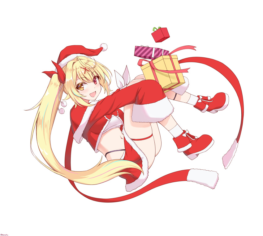 1girl :d absurdres ahoge ass blonde_hair boots box breasts capelet christmas crop_top full_body fur_trim gift gift_box hair_ornament hair_ribbon hat heterochromia highleg highres holding holding_gift hoshikawa_sara knees_up large_breasts long_hair long_sleeves looking_at_viewer midriff mikotoplus miniskirt multicolored_hair navel nijisanji open_mouth red_eyes red_footwear red_headwear red_ribbon red_shirt red_skirt ribbon santa_costume santa_hat shirt side_ponytail simple_background skindentation skirt sleeves_past_fingers sleeves_past_wrists smile socks solo streaked_hair striped thigh_strap very_long_hair virtual_youtuber white_background white_legwear x_hair_ornament yellow_eyes