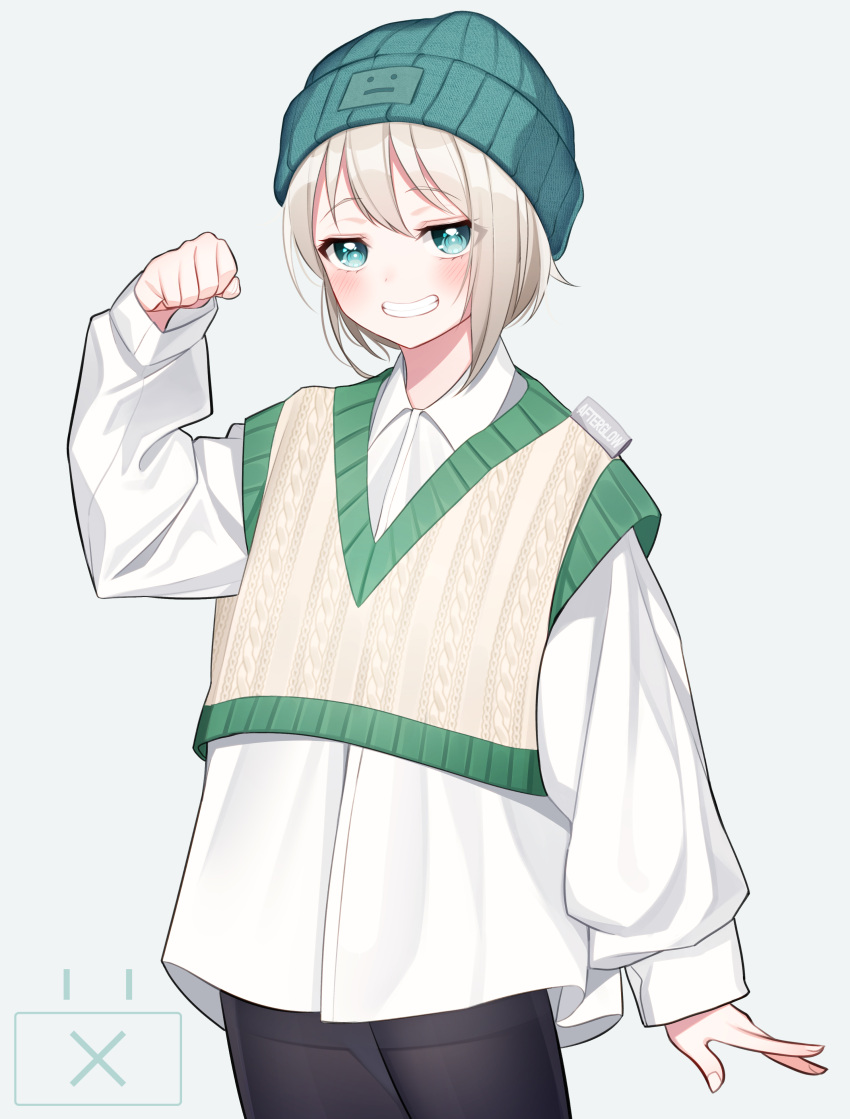 1girl absurdres aoba_moca bang_dream! bangs beanie black_legwear blue_eyes blush collared_shirt commentary dress_shirt eyebrows_visible_through_hair green_headwear grey_background grin hand_up hat highres light_brown_hair long_sleeves looking_at_viewer pantyhose puffy_long_sleeves puffy_sleeves shirt short_hair simple_background sleeves_past_wrists smile solo sweater_vest the_cold white_shirt