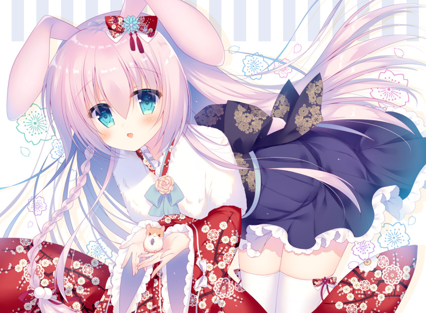 &gt;_&lt; 1girl :d animal animal_ears bangs bent_over black_bow black_hakama blue_eyes blue_flower blush bow braid closed_eyes commentary_request eyebrows_visible_through_hair floral_background floral_print flower hair_between_eyes hair_bow hair_ribbon hakama hakama_skirt hamster holding holding_animal japanese_clothes kimono long_hair long_sleeves open_mouth original pink_hair rabbit_ears red_bow red_ribbon ribbon seed smile solo standing sumii sunflower_seed thigh-highs very_long_hair white_kimono white_legwear wide_sleeves