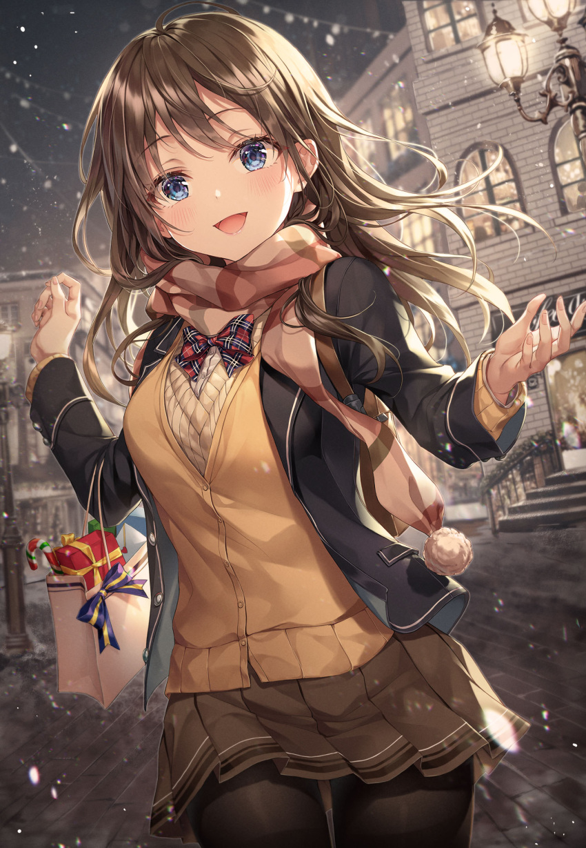 1girl :d backpack bag black_jacket black_legwear blazer blue_eyes bow bowtie box breasts brown_cardigan brown_hair brown_skirt buttons candy candy_cane cardigan christmas cowboy_shot food gift gift_box highres jacket long_hair long_sleeves looking_at_viewer medium_breasts miniskirt night open_clothes open_jacket open_mouth original outdoors pantyhose paper_bag pavement plaid_neckwear pleated_skirt r_o_ha scarf skirt smile snowing solo standing undershirt winter winter_clothes