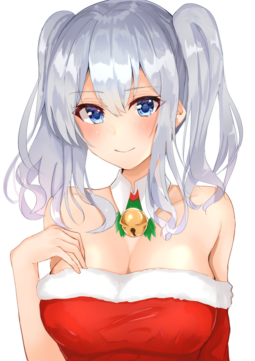 1girl bell blue_eyes blush breasts dress eyebrows_visible_through_hair fur-trimmed_dress graphite_(medium) hair_ornament highres jingle_bell kantai_collection kashima_(kantai_collection) large_breasts long_hair looking_at_viewer red_dress santa_dress shiina_aoi sidelocks silver_hair simple_background smile solo traditional_media twintails wavy_hair white_background