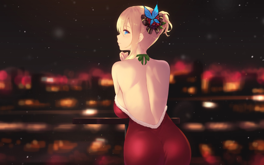 1girl ass bare_shoulders blonde_hair blue_eyes blurry blurry_background blush boku_wa_tomodachi_ga_sukunai breasts bug butterfly butterfly_hair_ornament cait city_lights cowboy_shot dress from_behind fur-trimmed_dress hair_ornament halter_dress highres insect kashiwazaki_sena large_breasts leaning_on_table long_hair looking_at_viewer night outdoors red_dress shoulder_blades smile solo table