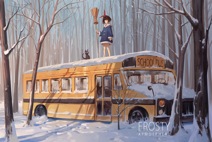 1girl animal arm_at_side bangs bare_legs bare_tree black_cat blue_coat blunt_bangs bob_cut bow broom brown_hair bus cat coat day english_text forest fur-trimmed_coat fur_trim ground_vehicle hair_bow hairband holding holding_broom jiji_(majo_no_takkyuubin) kiki long_sleeves looking_at_viewer majo_no_takkyuubin motor_vehicle nature on_vehicle outdoors ribbon scenery school_bus short_hair smile snow standing tree winter winter_clothes winter_coat yusheng