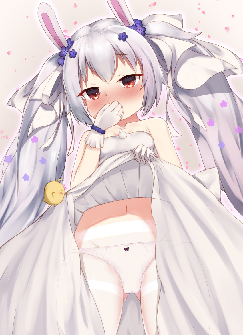 1girl animal animal_ears ass_visible_through_thighs azur_lane bangs bare_shoulders bird blush bow bow_panties breasts chick collarbone commentary_request covering_mouth dress dress_lift eyebrows_visible_through_hair flower gloves hair_between_eyes hair_flower hair_ornament hair_ribbon highres irokari jewelry laffey_(azur_lane) laffey_(white_rabbit's_oath)_(azur_lane) lifted_by_self long_hair manjuu_(azur_lane) navel nose_blush panties panties_under_pantyhose pantyhose petals purple_flower rabbit_ears red_eyes ribbon ring silver_hair small_breasts solo thighband_pantyhose twintails underwear very_long_hair wedding_band white_dress white_gloves white_legwear white_panties white_ribbon