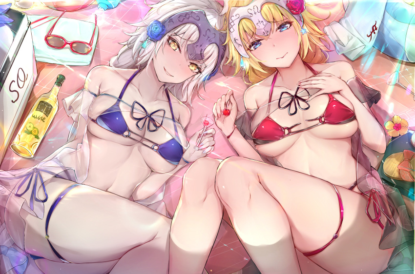 2girls alcohol bangs bare_shoulders beach_towel bikini blonde_hair blue_bikini blue_eyes blue_flower blue_rose blush bottle braid breasts breasts_apart cherry closed_mouth collarbone commentary_request cup day drinking_glass eyebrows_visible_through_hair fate/apocrypha fate/grand_order fate_(series) feet_out_of_frame fingernails flower food fruit hair_between_eyes hair_flower hair_ornament hand_on_own_chest headpiece highres innertube jeanne_d'arc_(alter)_(fate) jeanne_d'arc_(fate) jeanne_d'arc_(fate)_(all) long_braid long_hair looking_at_viewer lying medium_breasts multi-strapped_bikini multiple_girls nail_polish open_mouth outdoors pale_skin pink_nails purple_nails red_bikini red_flower red_rose revision rose sandals sherryqq side-tie_bikini sidelocks single_braid smile strap_gap sunglasses swimsuit thigh_gap towel wine wine_bottle wine_glass yellow_eyes